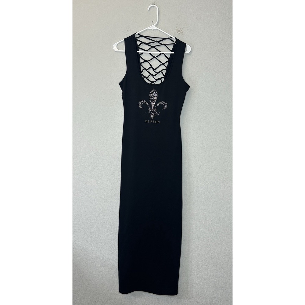 VTG Deréon Black Maxi Bodycon Dress Women's Size L Y2K Fleur-de-lis Beyonce